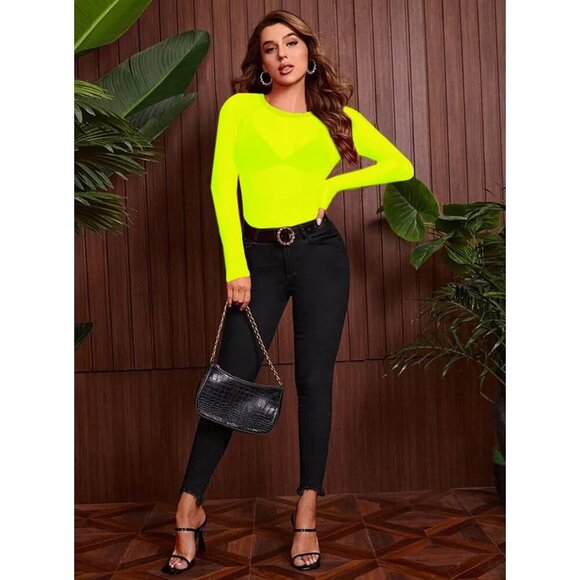🆕Women Yellow Polyester Floral Mesh Long Sleeve Crew Neck Fitted Sexy Tee Top - Picture 5 of 6
